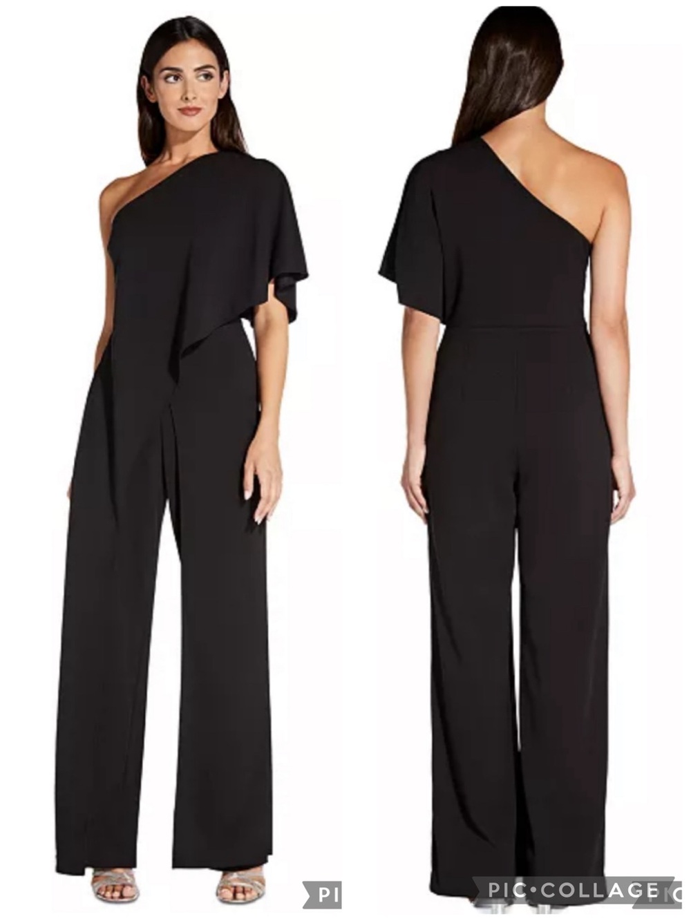Adrianna Papell Black One Shoulder Wide Leg Jumpsuit 6 Cocktail Quiet Luxury